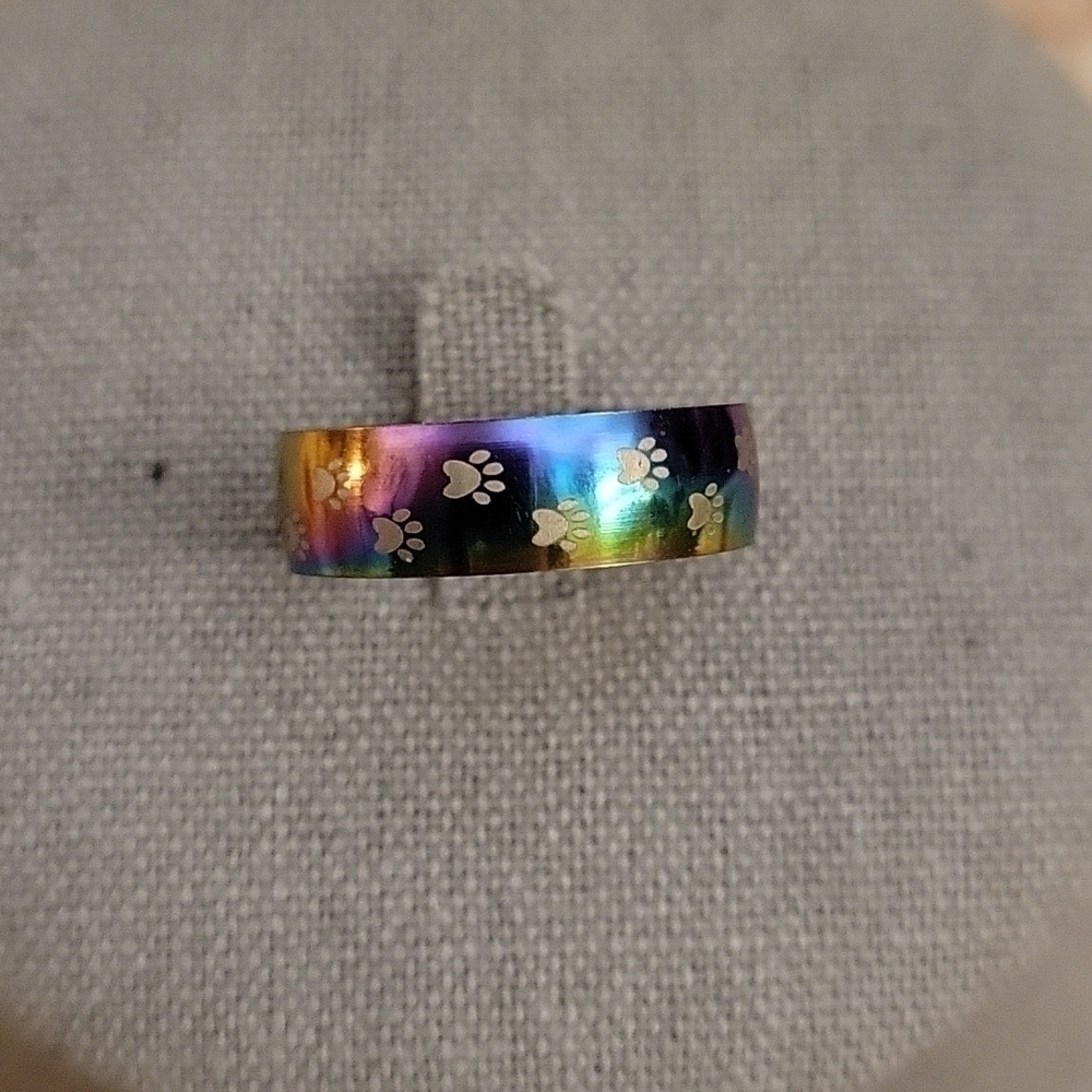 3/$30 Oil Spill Rainbow Paw Print Stainless Steel Kidcore Ring